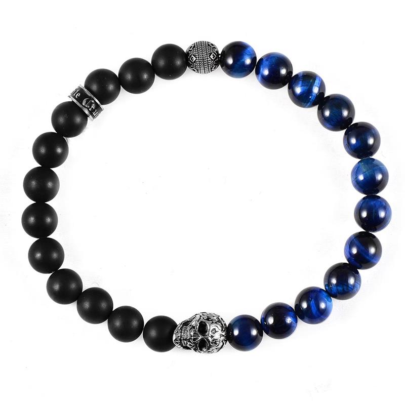 Single Skull Stretch Bracelet with 8mm Matte Black Onyx and Blue Tiger Eye Beads