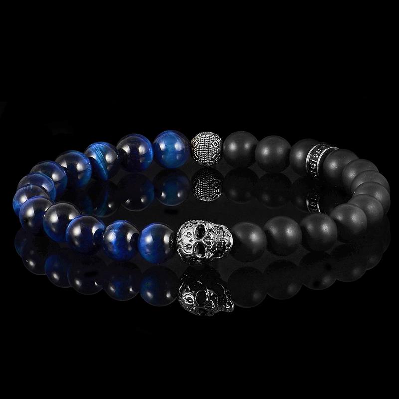 Crucible Los Angeles Single Skull Stretch Bracelet with 8mm Matte Black Onyx and Blue Tiger Eye Beads