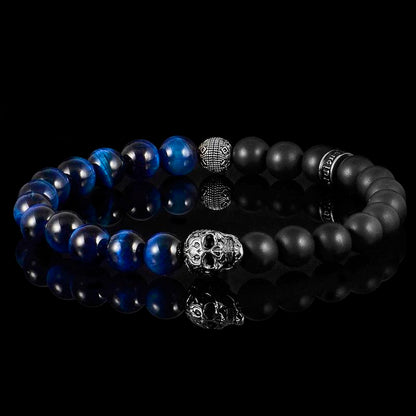 Crucible Los Angeles Single Skull Stretch Bracelet with 8mm Matte Black Onyx and Blue Tiger Eye Beads
