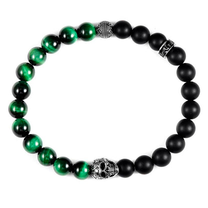 Single Skull Stretch Bracelet with 8mm Matte Black Onyx and Green Tiger Eye Beads