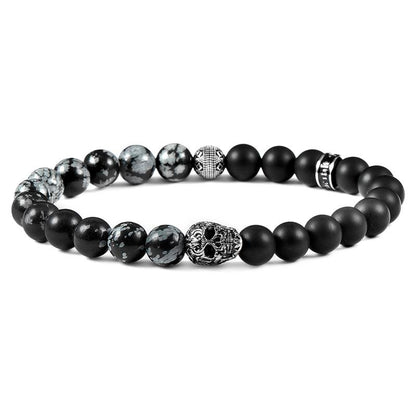 Crucible Los Angeles Single Skull Stretch Bracelet with 8mm Matte Black Onyx and Snowflake Agate Beads