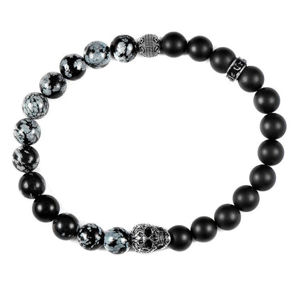 Single Skull Stretch Bracelet with 8mm Matte Black Onyx and Snowflake Agate Beads