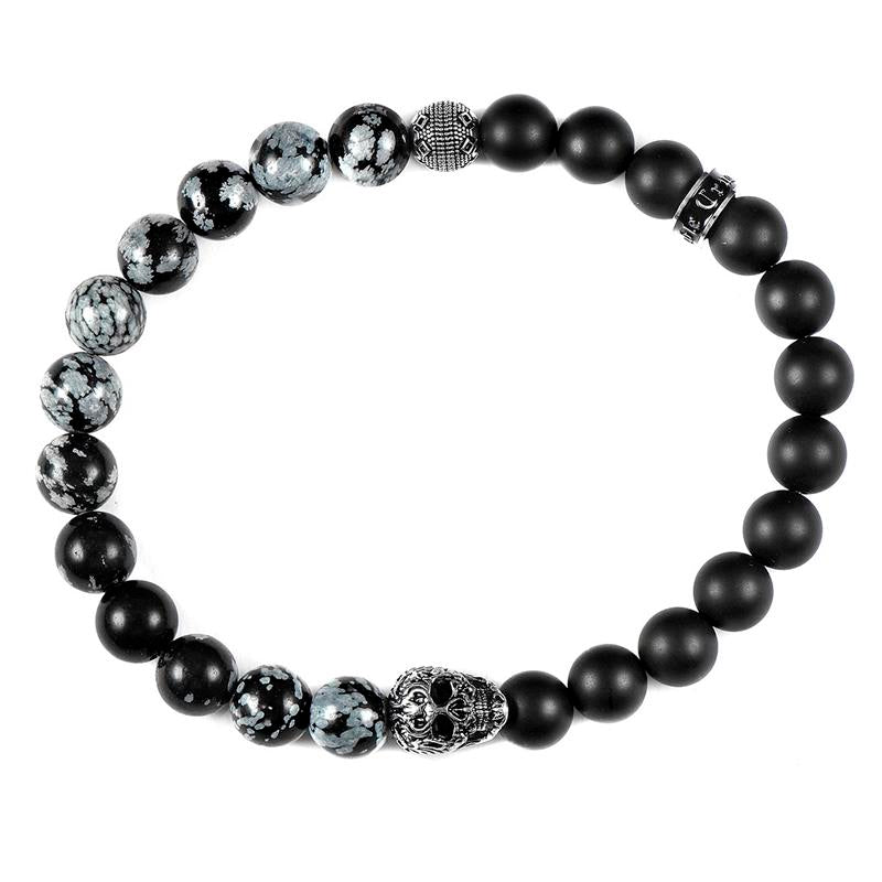 Crucible Los Angeles Single Skull Stretch Bracelet with 8mm Matte Black Onyx and Snowflake Agate Beads