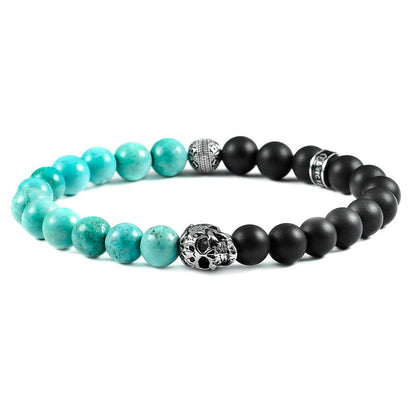 Crucible Los Angeles Single Skull Stretch Bracelet with 8mm Matte Black Onyx and Genuine Turquoise Onyx Beads