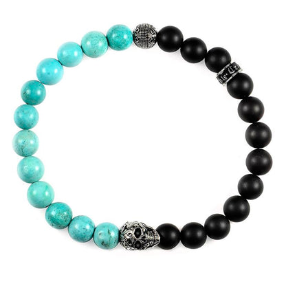 Single Skull Stretch Bracelet with 8mm Matte Black Onyx and Genuine Turquoise Onyx Beads