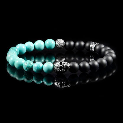 Crucible Los Angeles Single Skull Stretch Bracelet with 8mm Matte Black Onyx and Genuine Turquoise Onyx Beads