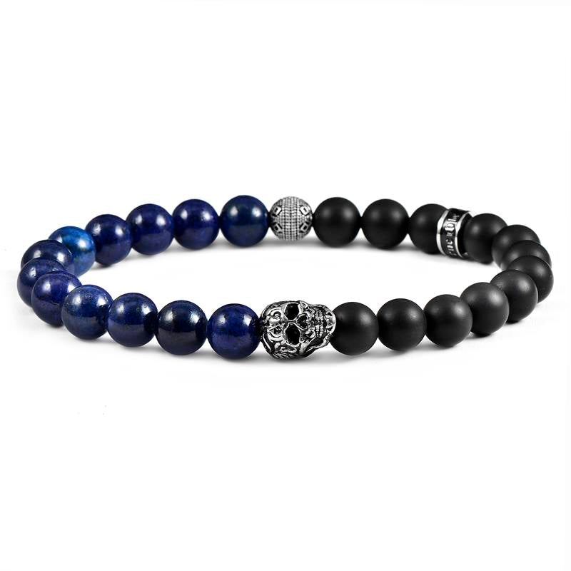Crucible Los Angeles Single Skull Stretch Bracelet with 8mm Matte Black Onyx and Lapis Lazuli Beads
