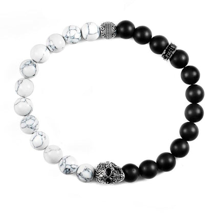 Crucible Los Angeles Single Skull Stretch Bracelet with 8mm Matte Black Onyx and Howlite Beads