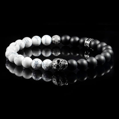 Single Skull Stretch Bracelet with 8mm Matte Black Onyx and Howlite Beads