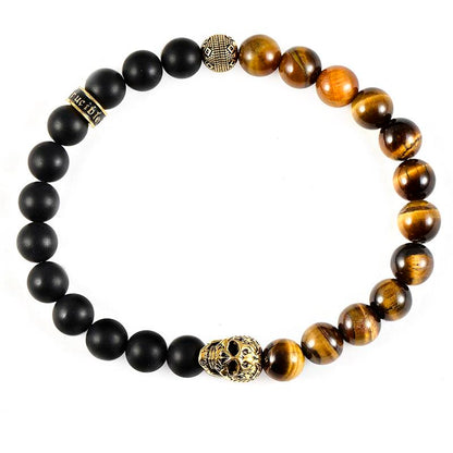 Single Skull Stretch Bracelet with 8mm Matte Black Onyx and Tiger Eye Beads