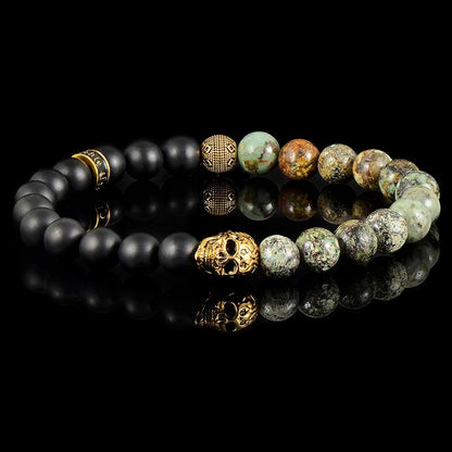 Crucible Los Angeles Single Gold Skull Stretch Bracelet with 8mm Matte Black Onyx and African Turquoise Onyx Beads