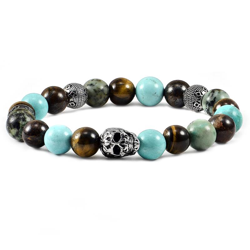 Single Skull Stretch Bracelet with 10mm Tiger Eye, Genuine Turquoise, African Turquoise and Bronzite Beads