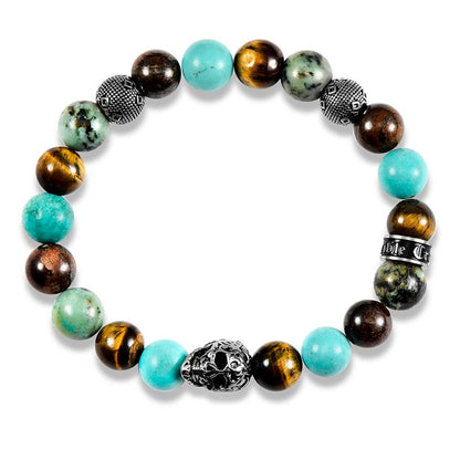 Crucible Los Angeles Single Skull Stretch Bracelet with 10mm Tiger Eye, Genuine Turquoise, African Turquoise and Bronzite Beads