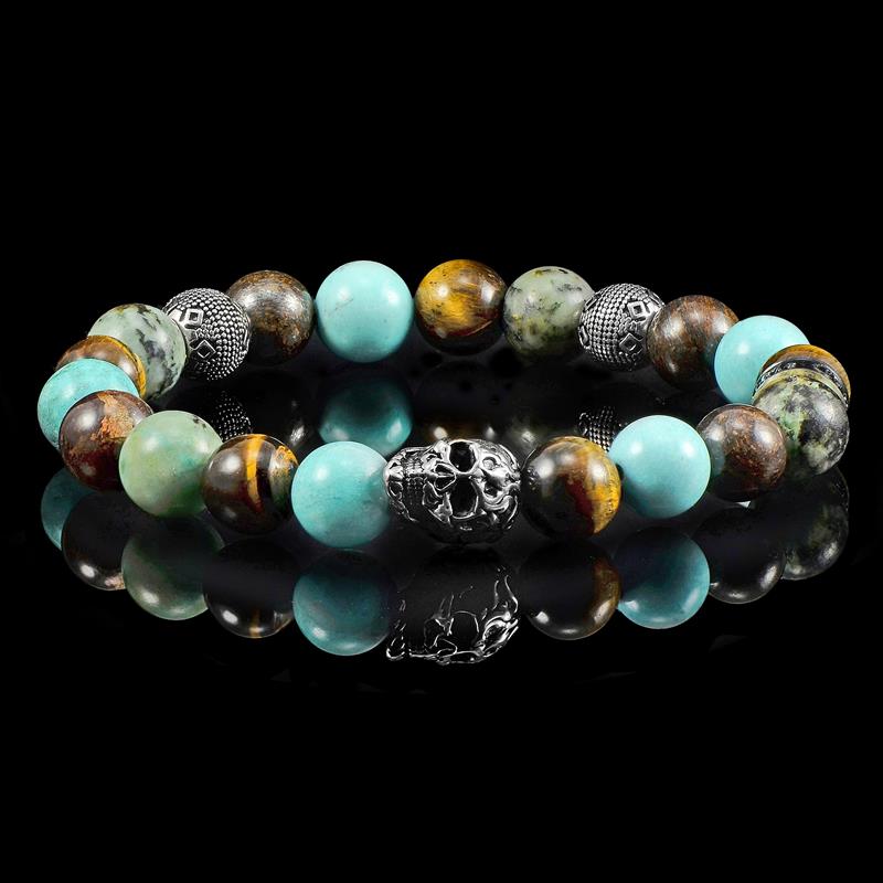 Single Skull Stretch Bracelet with 10mm Tiger Eye, Genuine Turquoise, African Turquoise and Bronzite Beads