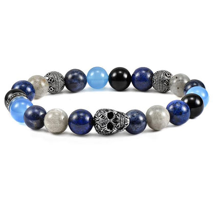 Single Skull Stretch Bracelet with 10mm Polished Black Onyx, Lapis Lazuli, Sodalite, Labradorite and Blue Agate Beads