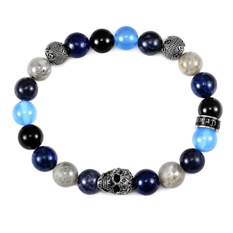 Crucible Los Angeles Single Skull Stretch Bracelet with 10mm Polished Black Onyx, Lapis Lazuli, Sodalite, Labradorite and Blue Agate Beads
