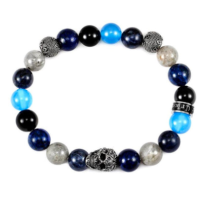 Single Skull Stretch Bracelet with 10mm Polished Black Onyx, Lapis Lazuli, Sodalite, Labradorite and Blue Agate Beads