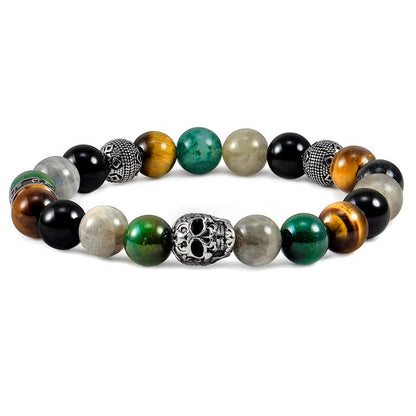 Crucible Los Angeles Single Skull Stretch Bracelet with 10mm Polished Black Onyx, Labradorite, Green Tiger Eye, Moss Agate and Tiger Eye Beads