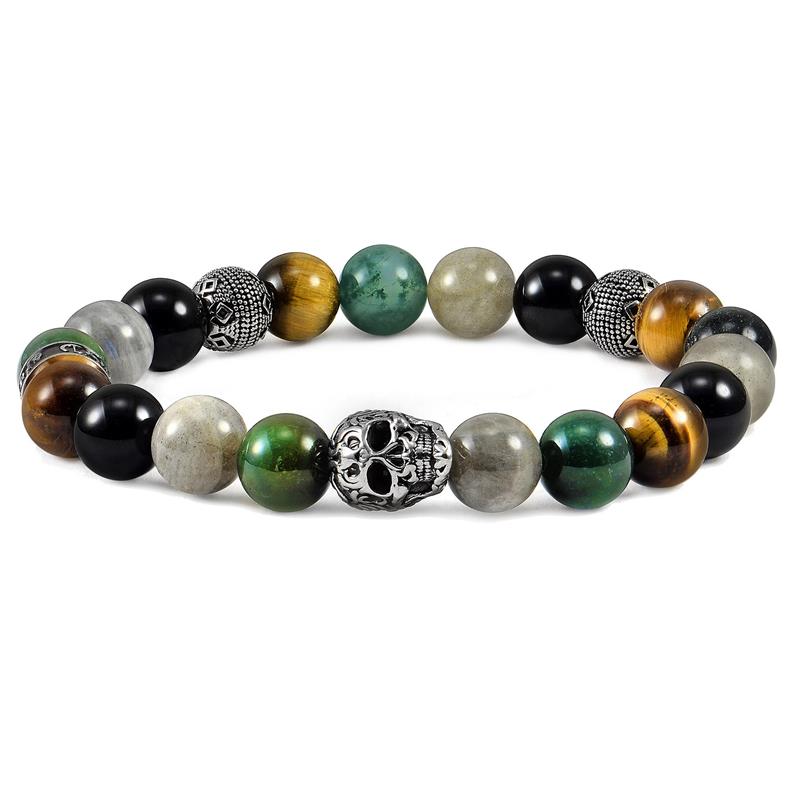 Single Skull Stretch Bracelet with 10mm Polished Black Onyx, Labradorite, Green Tiger Eye, Moss Agate and Tiger Eye Beads