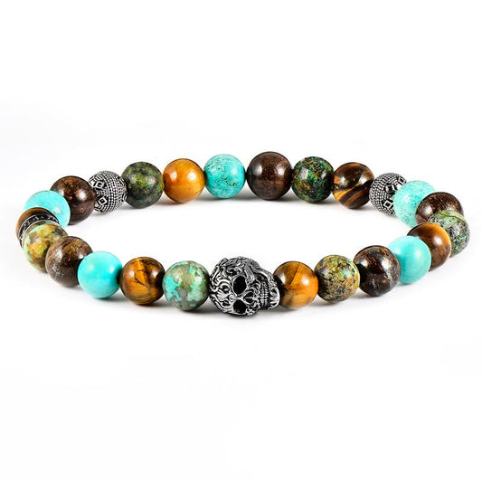 Single Skull Stretch Bracelet with 8mm Tiger Eye, Genuine Turquoise, African Turquoise and Bronzite Beads