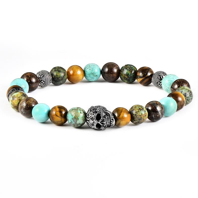 Crucible Los Angeles Single Skull Stretch Bracelet with 8mm Tiger Eye, Genuine Turquoise, African Turquoise and Bronzite Beads