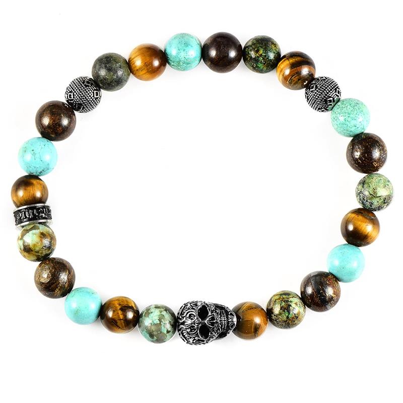 Crucible Los Angeles Single Skull Stretch Bracelet with 8mm Tiger Eye, Genuine Turquoise, African Turquoise and Bronzite Beads