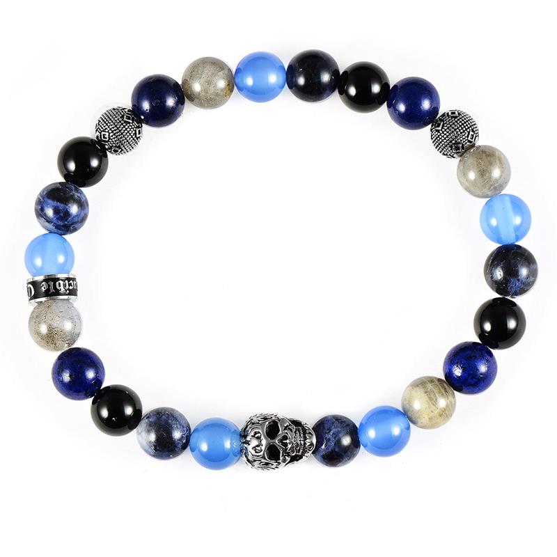 Single Skull Stretch Bracelet with 8mm Polished Black Onyx, Lapis Lazuli, Sodalite, Labradorite and Agate Beads