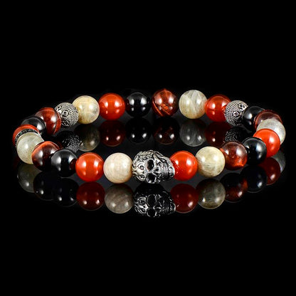 Single Skull Stretch Bracelet with 8mm Polished Black Onyx, Labradorite Red Tiger Eye and Red Agate Beads