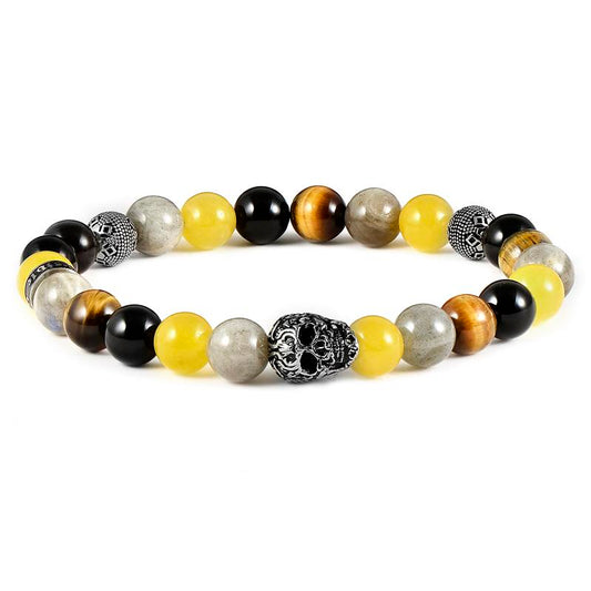 Single Skull Stretch Bracelet with 8mm Polished Black Onyx, Labradorite, Yellow Jade and Tiger Eye Beads