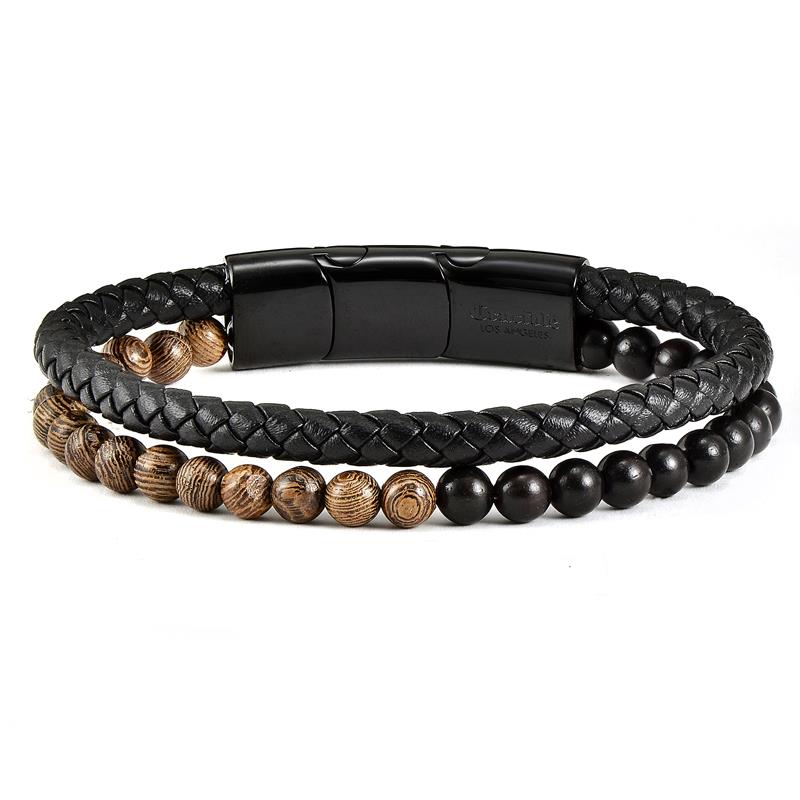 Black Leather Black Clasp Two-tone Wooden Beads Bracelet