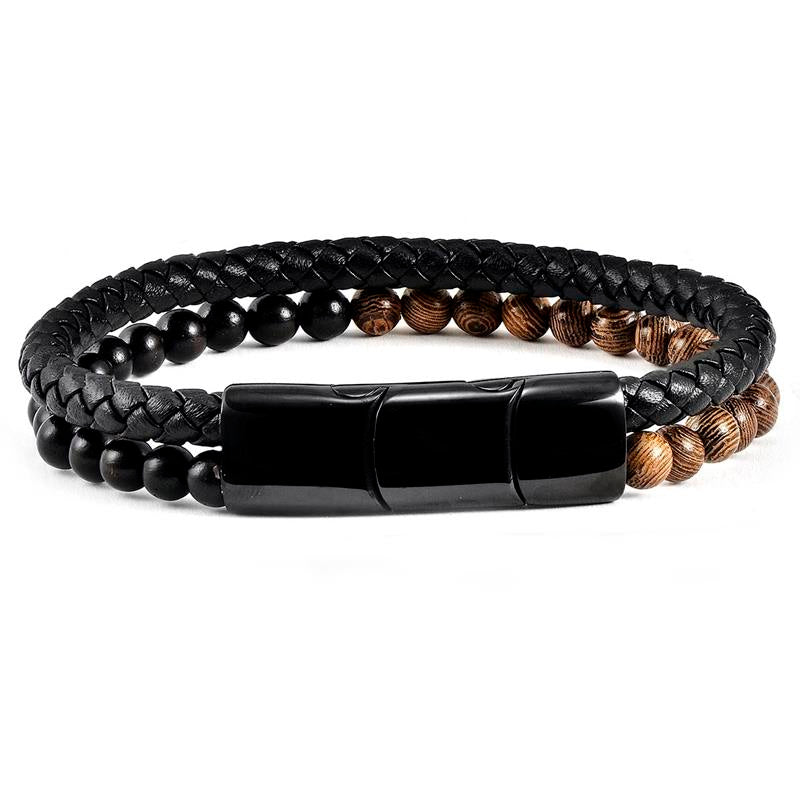 Black Leather Black Clasp Two-tone Wooden Beads Bracelet