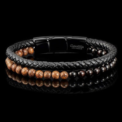 Crucible Los Angeles Black Leather Black Clasp Two-tone Wooden Beads Bracelet
