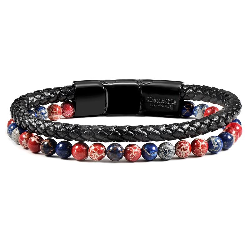 Crucible Los Angeles Black Leather Black Clasp Blue and Red Imperial Jasper Bracelet