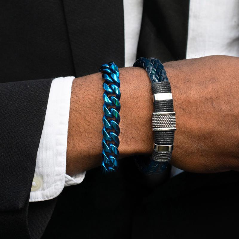 Crucible Los Angeles Dark Navy Blue Leather with Black Nylon Cord and Stainless Steel Beads
