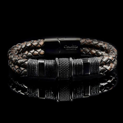 Dark Brown Leather with Black Nylon Cord and Black IP Stainless Steel Beads