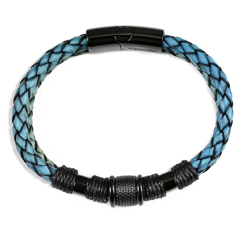 Crucible Los Angeles Distressed Blue Leather with Black Nylon Cord and Black IP Stainless Steel Beads