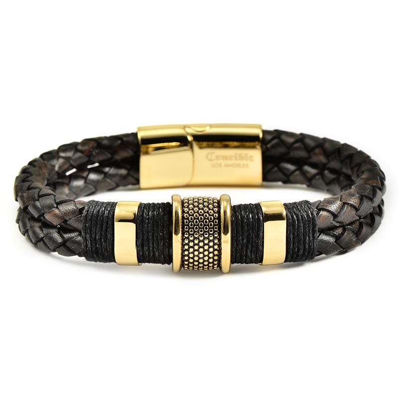 Crucible Los Angeles Dark Brown Leather and Gold IP Stainless Steel Beads