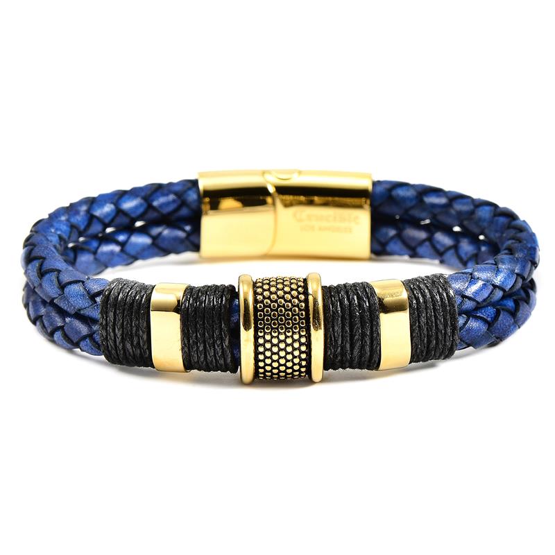 Navy Blue Leather with Black Nylon Cord and Gold IP Stainless Steel Beads