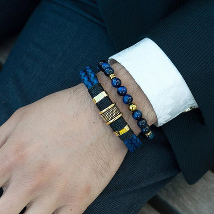 Navy Blue Leather with Black Nylon Cord and Gold IP Stainless Steel Beads