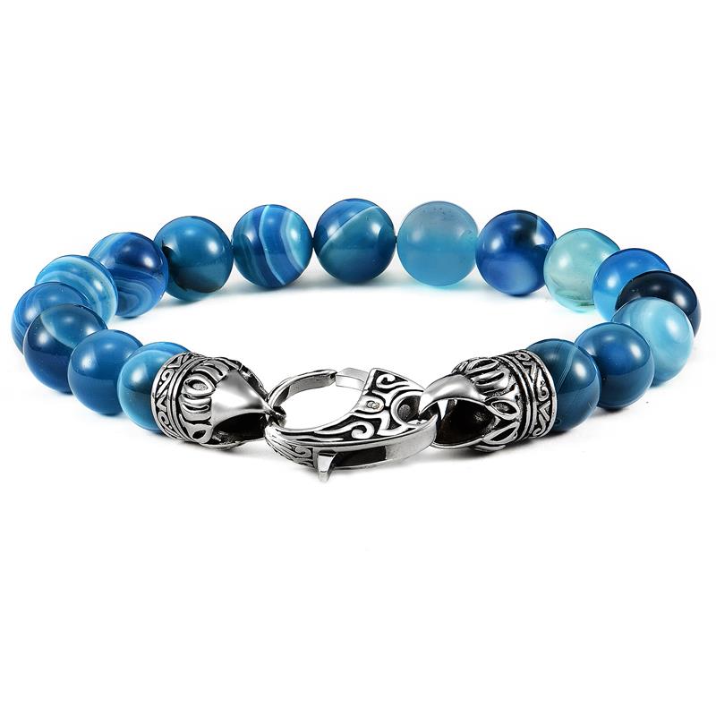 10mm Blue Banded Agate Bead Bracelet with Stainless Steel Antiqued Lobster Clasp
