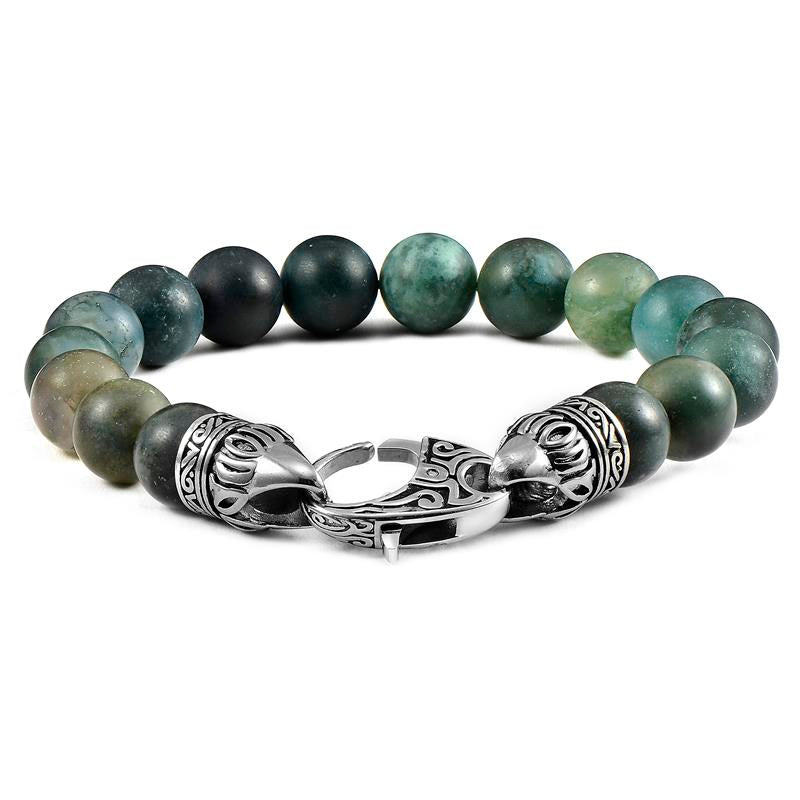 10mm Matte Moss Agate Bead Bracelet with Stainless Steel Antiqued Lobster Clasp