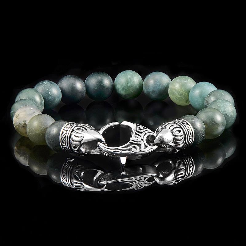 Crucible Los Angeles 10mm Matte Moss Agate Bead Bracelet with Stainless Steel Antiqued Lobster Clasp