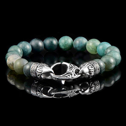 10mm Matte Moss Agate Bead Bracelet with Stainless Steel Antiqued Lobster Clasp