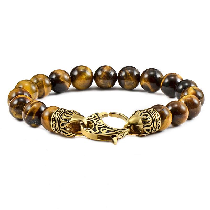 10mm Tiger Eye Bead Bracelet with Stainless Steel Antiqued Lobster Clasp