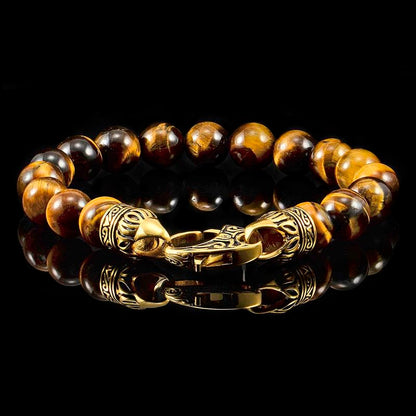 Crucible Los Angeles 10mm Tiger Eye Bead Bracelet with Gold IP Stainless Steel Antiqued Lobster Clasp