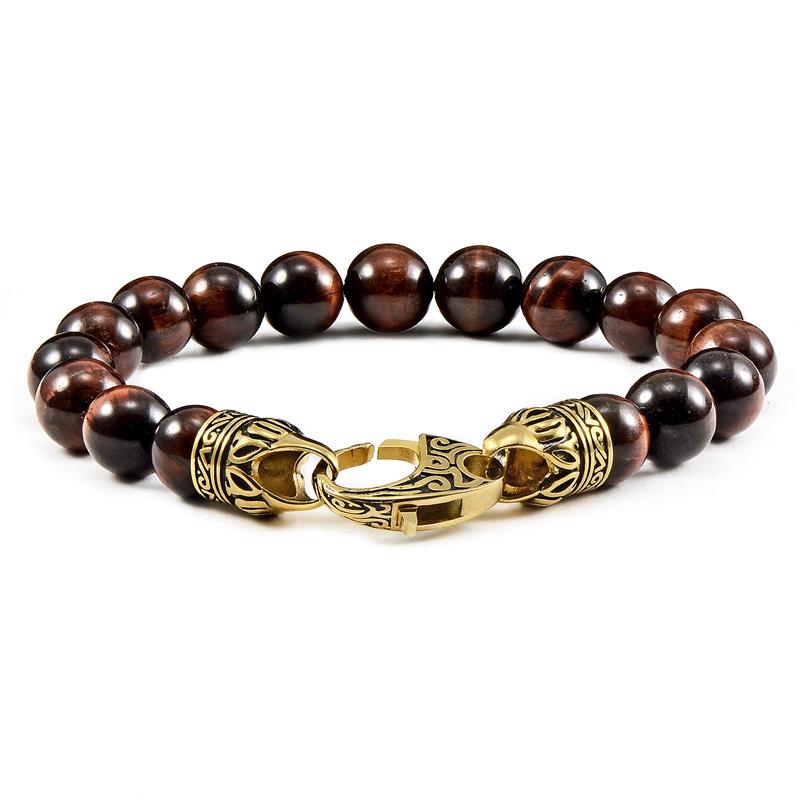 Crucible Los Angeles 10mm Red Tiger Eye Bead Bracelet with Gold IP Stainless Steel Antiqued Lobster Clasp