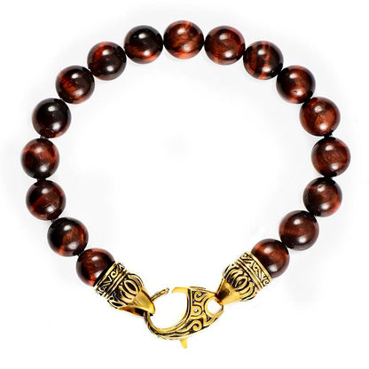 Crucible Los Angeles 10mm Red Tiger Eye Bead Bracelet with Gold IP Stainless Steel Antiqued Lobster Clasp