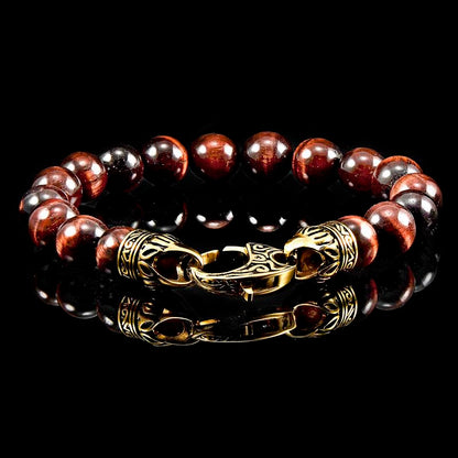 10mm Red Tiger Eye Bead Bracelet with Stainless Steel Antiqued Lobster Clasp