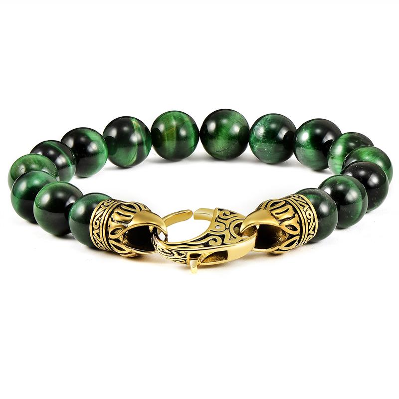 Crucible Los Angeles 10mm Green Tiger Eye Bead Bracelet with Gold IP Stainless Steel Antiqued Lobster Clasp