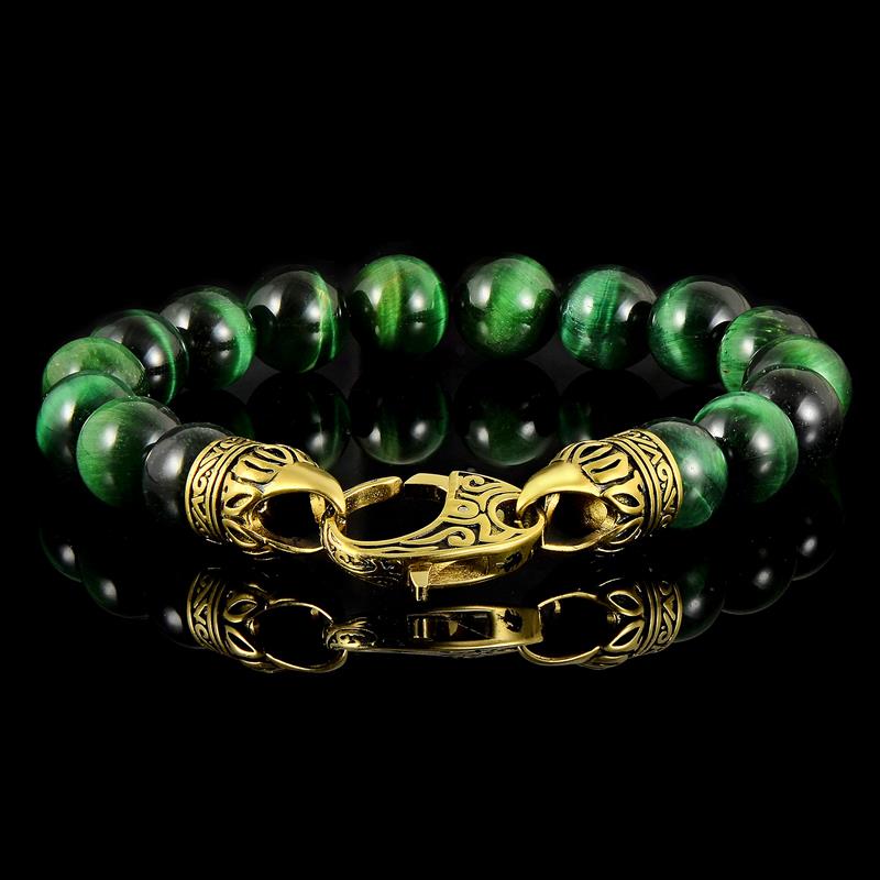 Crucible Los Angeles 10mm Green Tiger Eye Bead Bracelet with Gold IP Stainless Steel Antiqued Lobster Clasp